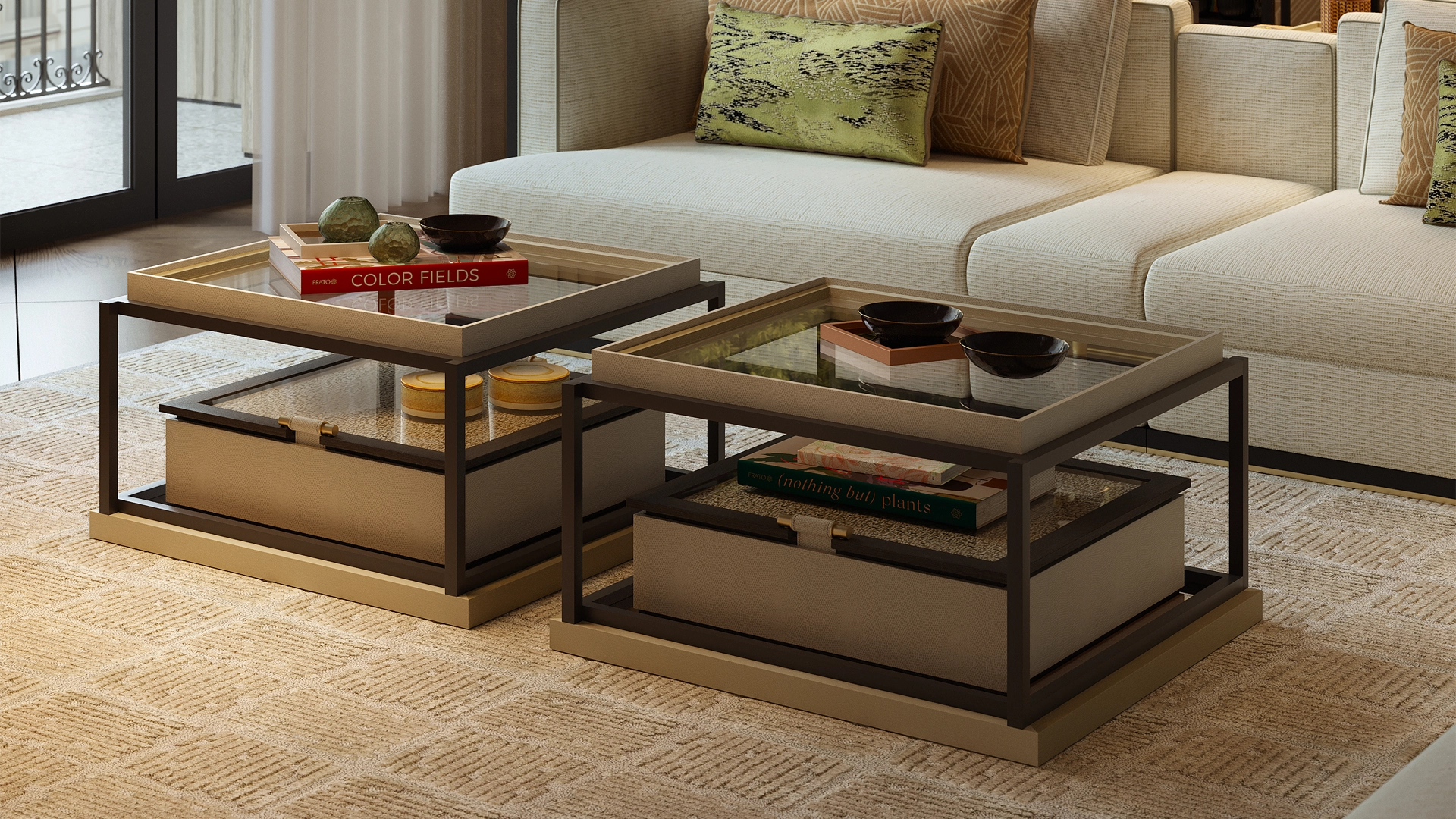 Frato Syracuse Coffee Table – Glass, Bronze Mirror & Leather