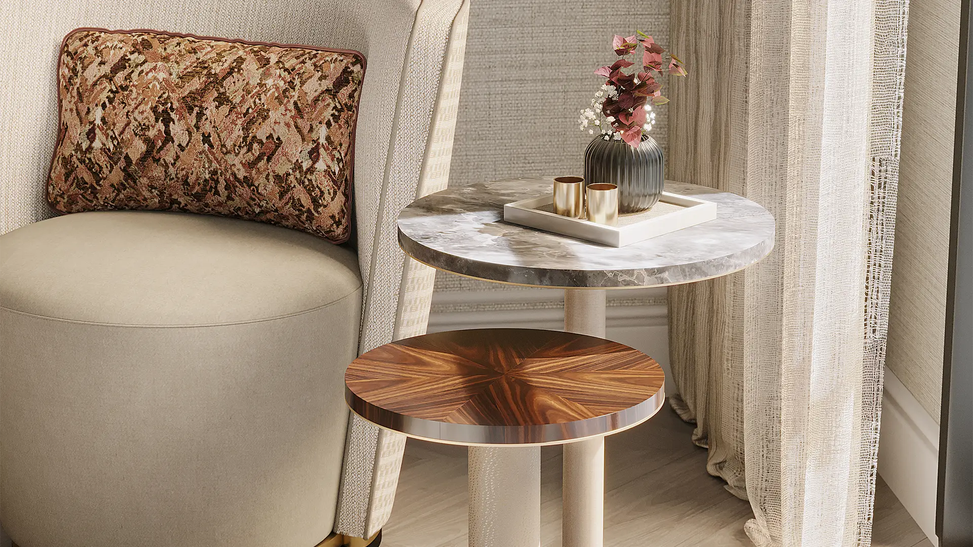 Frato Cadiz Side Table | Luxury Stone & Faux Leather Pedestal